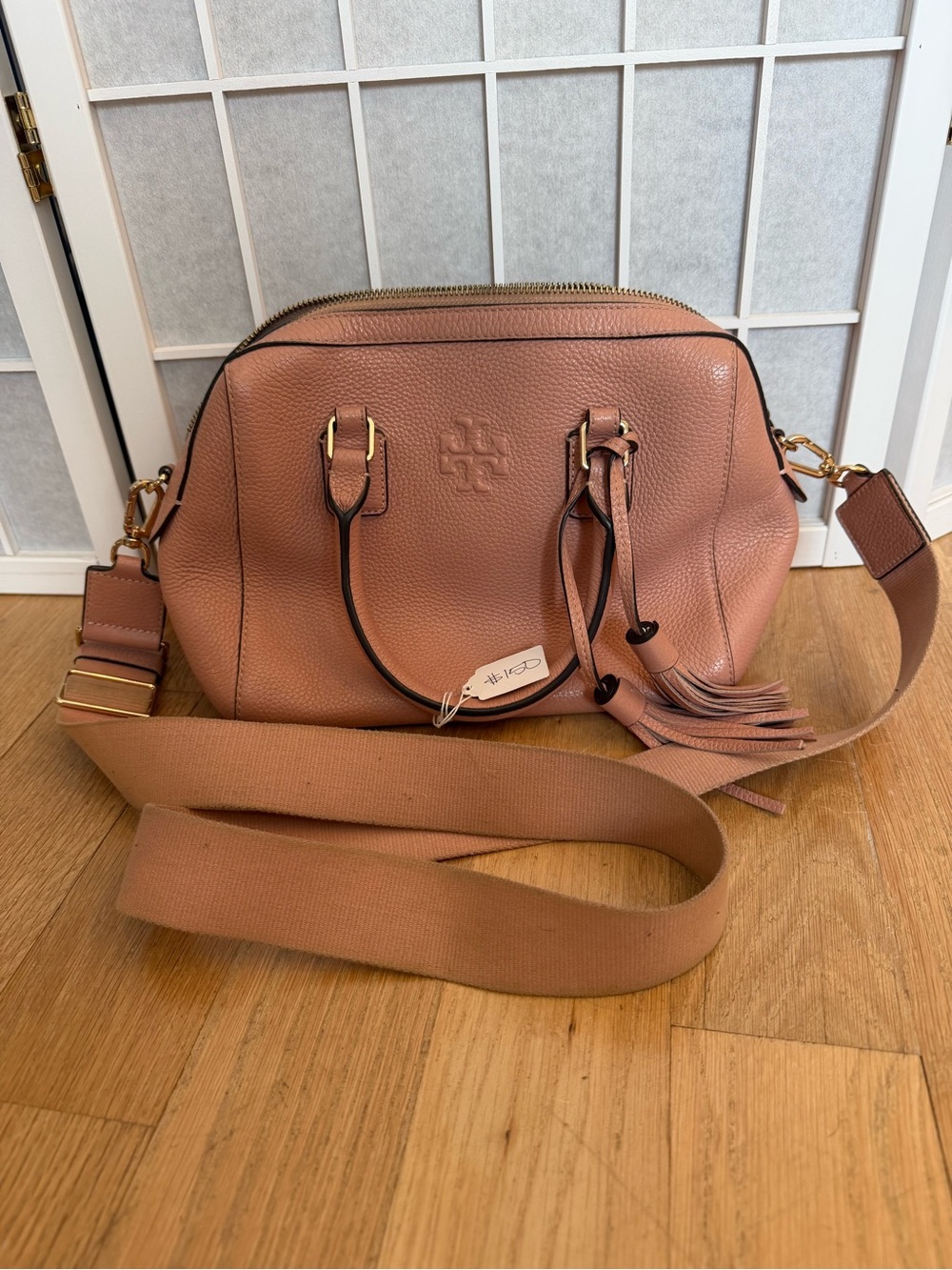 Tory Burch Blush Pink Pebbled Leather Satchel with Adjustable Strap